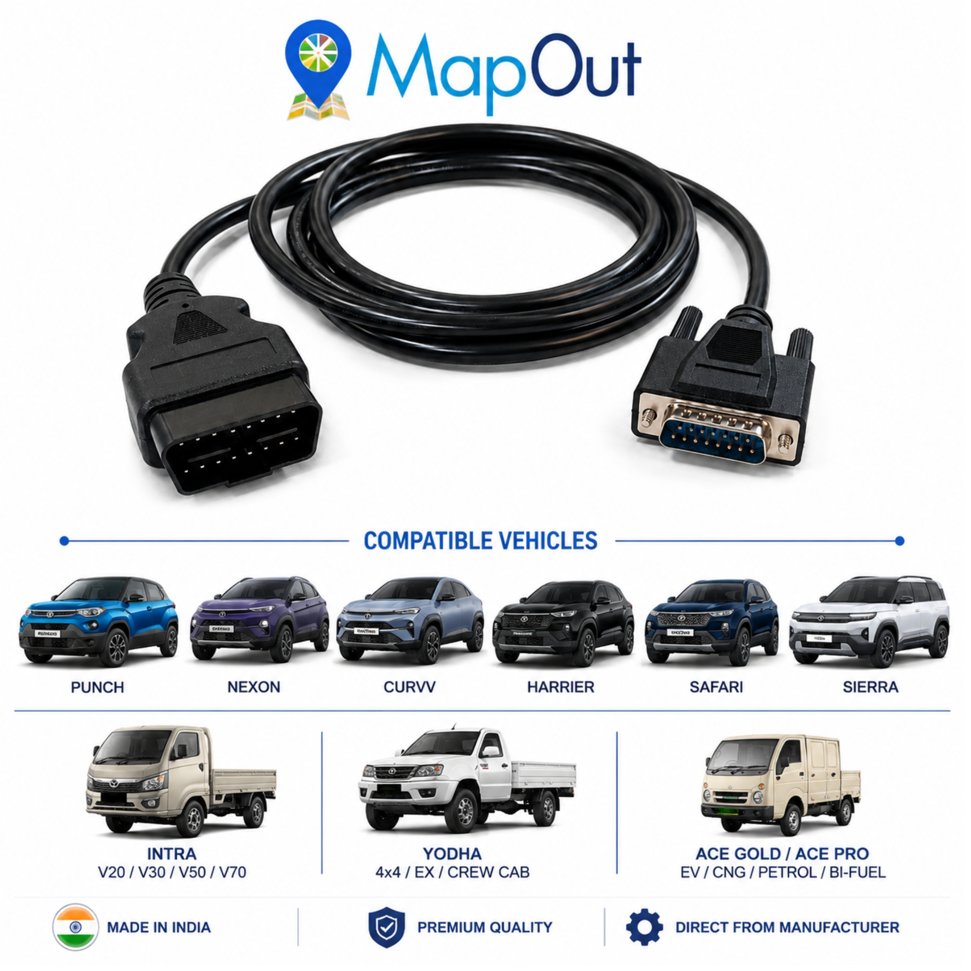 SMPL027 Tata Motors V Connect Plus / Garuda-ll OBD-II 16 Pin Male to DB-15 Male Diagnostic Both Side Moulded Cable for Passenger Cars and Small Commercial Vehicles - Image 3