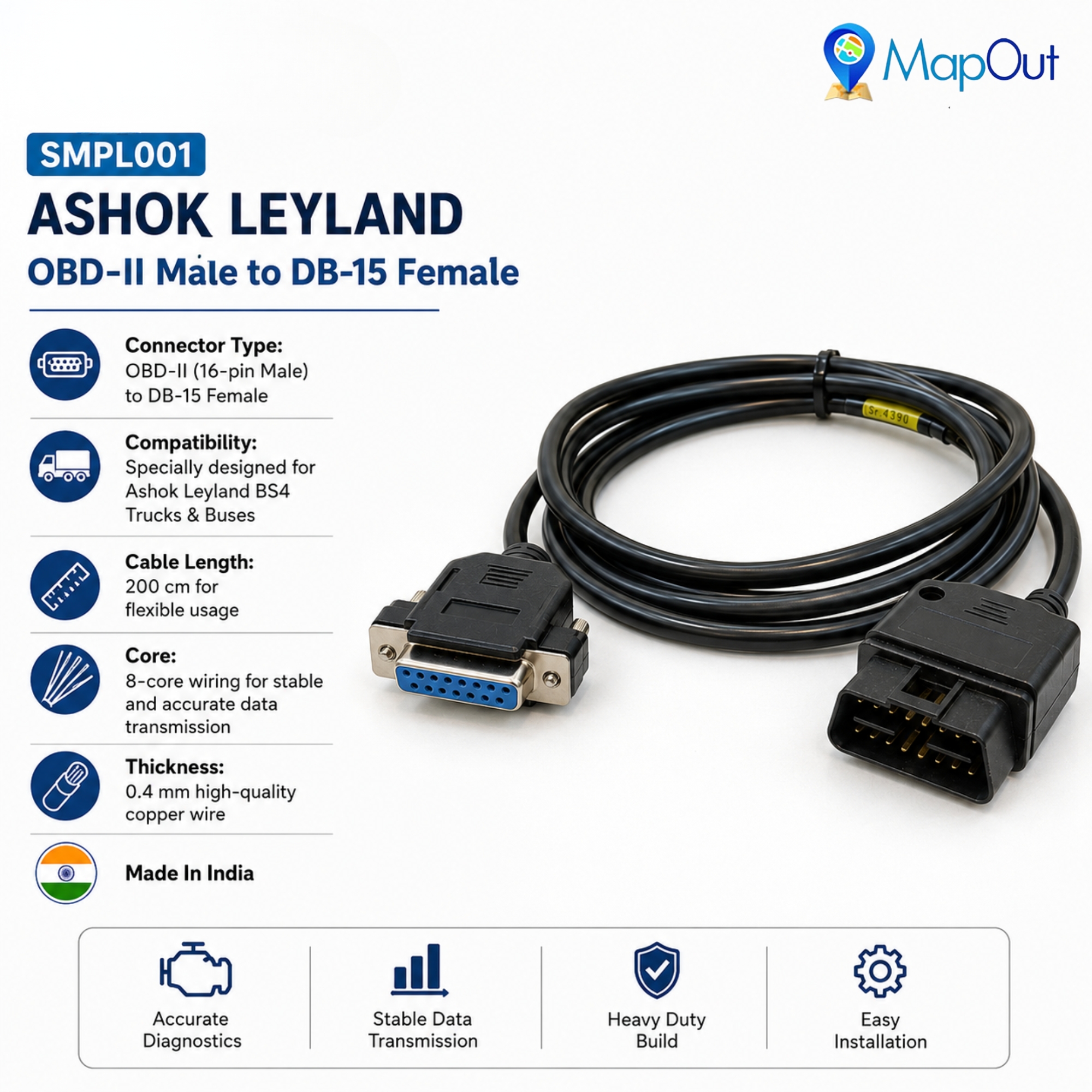 SMPL001 Ashok leyland OBD-ll 16 Pin Male to DB-15 Female BS4 Scantool Diagnostic Cable for Trucks & Buses - Image 2