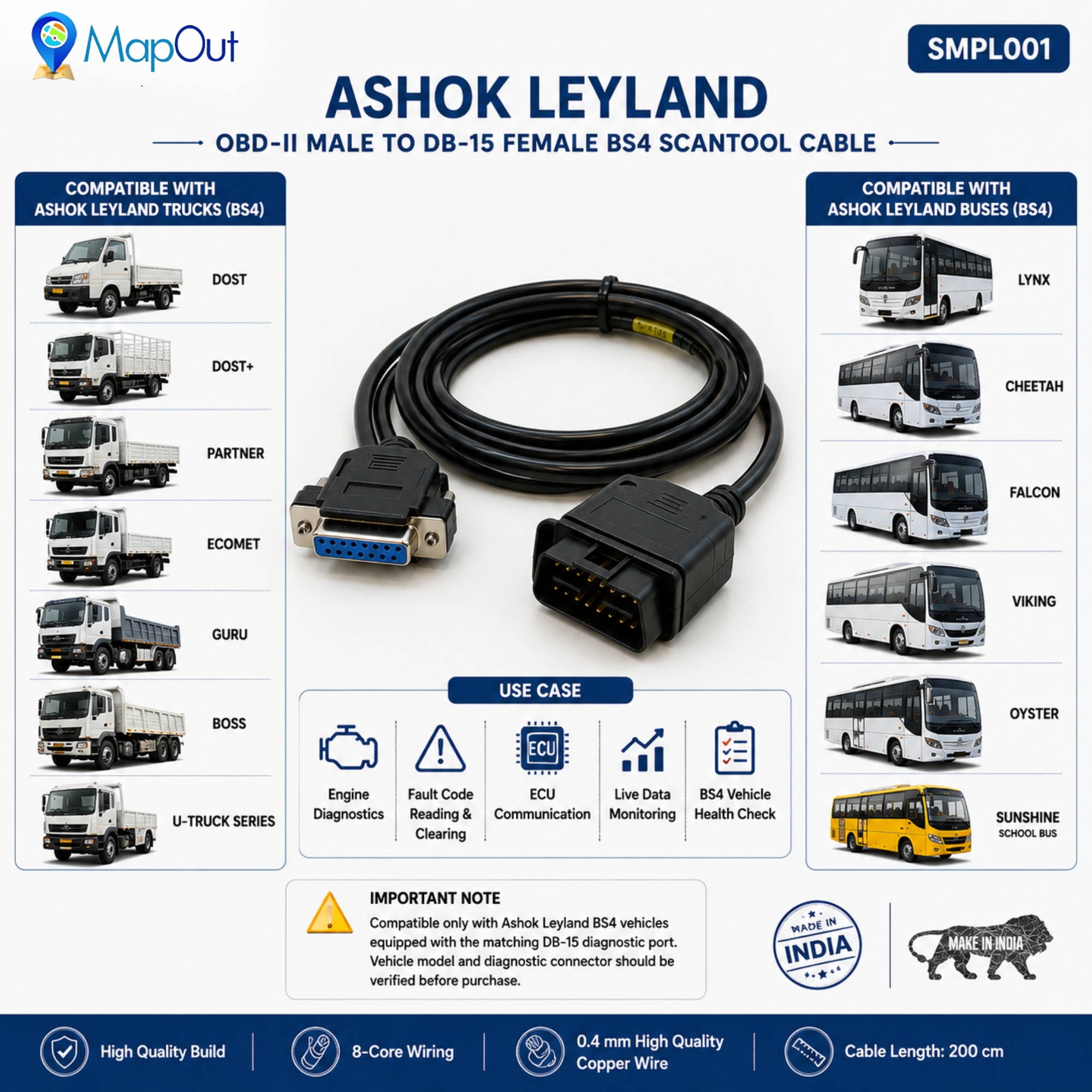 SMPL001 Ashok leyland OBD-ll 16 Pin Male to DB-15 Female BS4 Scantool Diagnostic Cable for Trucks & Buses - Image 4
