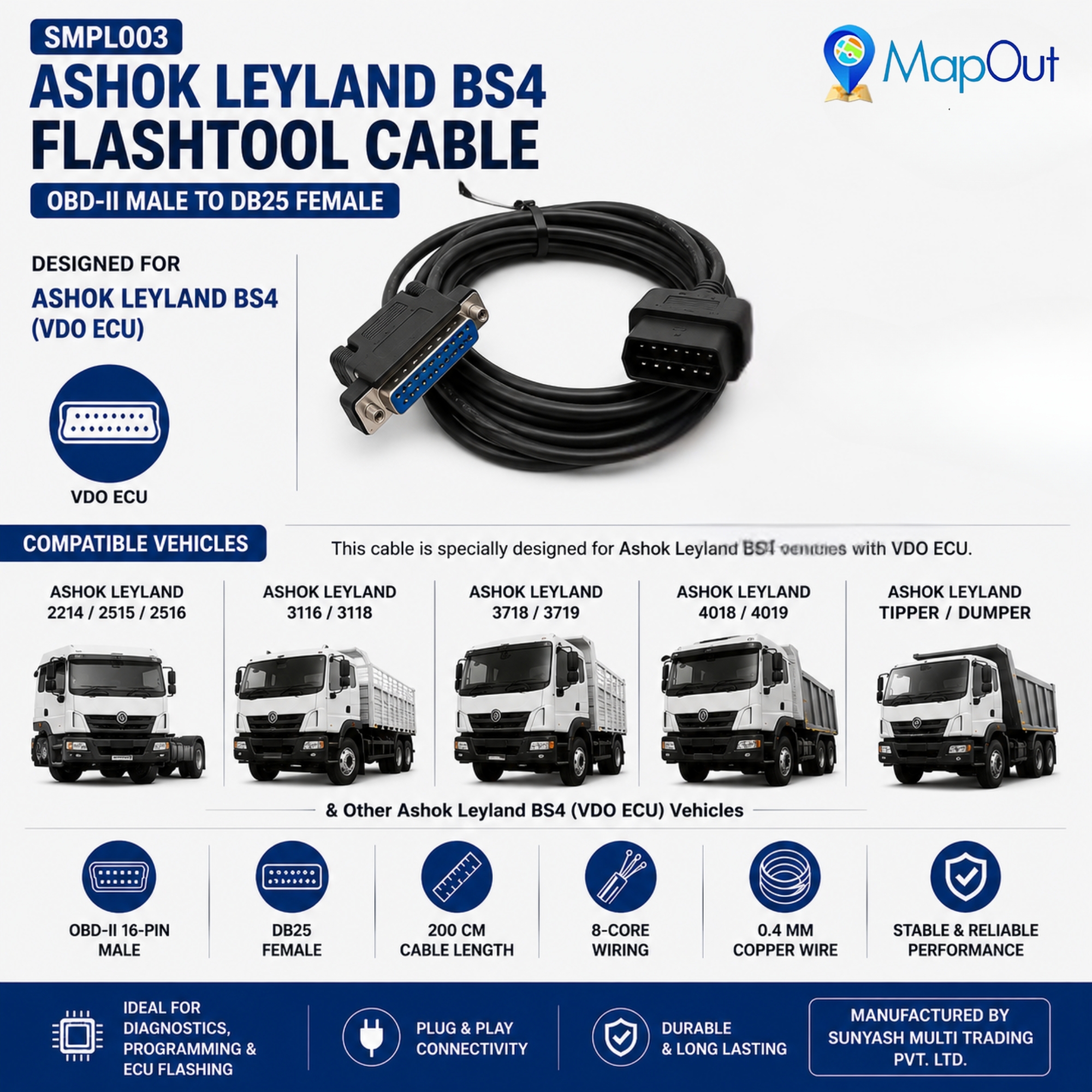 SMPL003 Ashok Leyland OBD-ll 16 Pin Male to DB-25 Female BS4 (VDO) Flashtool Diagnostic Cable for Trucks & Buses - Image 6