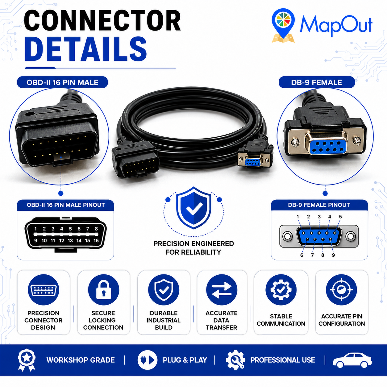 SMPL016 Kia Motors Universal OBD-ll 16 Pin Male to DB-9 Female Diagnostic Cable for all Kia Cars - Image 2