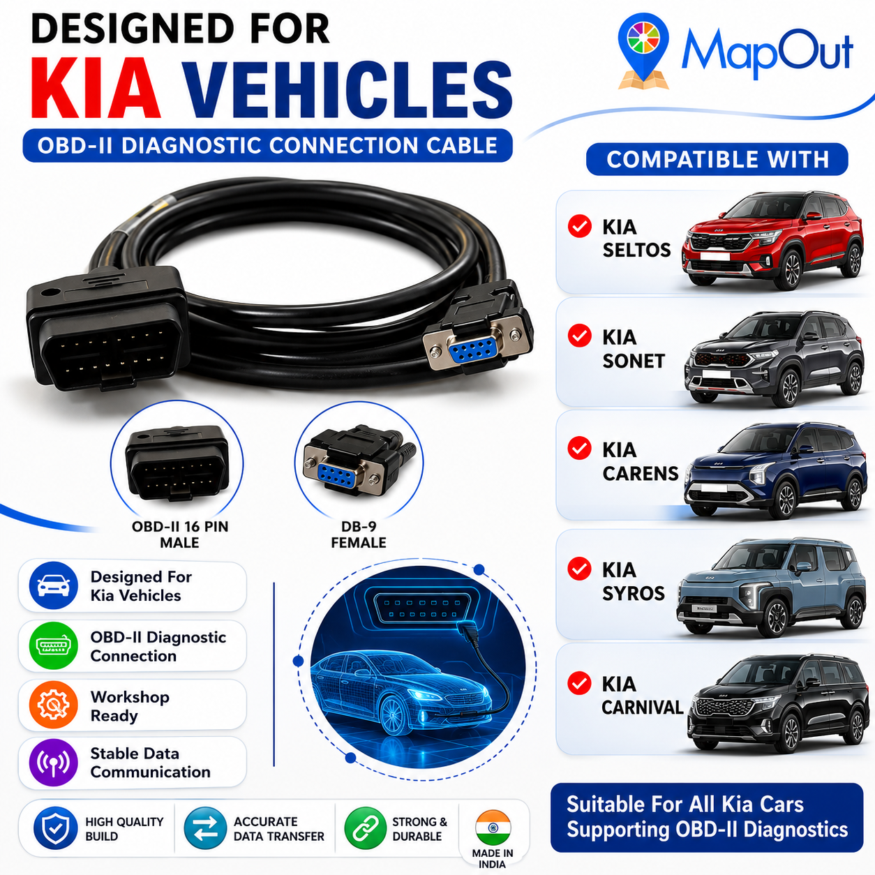 SMPL016 Kia Motors Universal OBD-ll 16 Pin Male to DB-9 Female Diagnostic Cable for all Kia Cars - Image 6