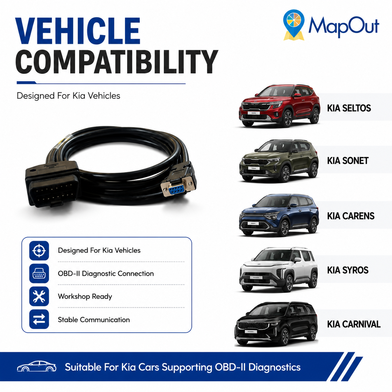 SMPL016 Kia Motors Universal OBD-ll 16 Pin Male to DB-9 Female Diagnostic Cable for all Kia Cars - Image 4