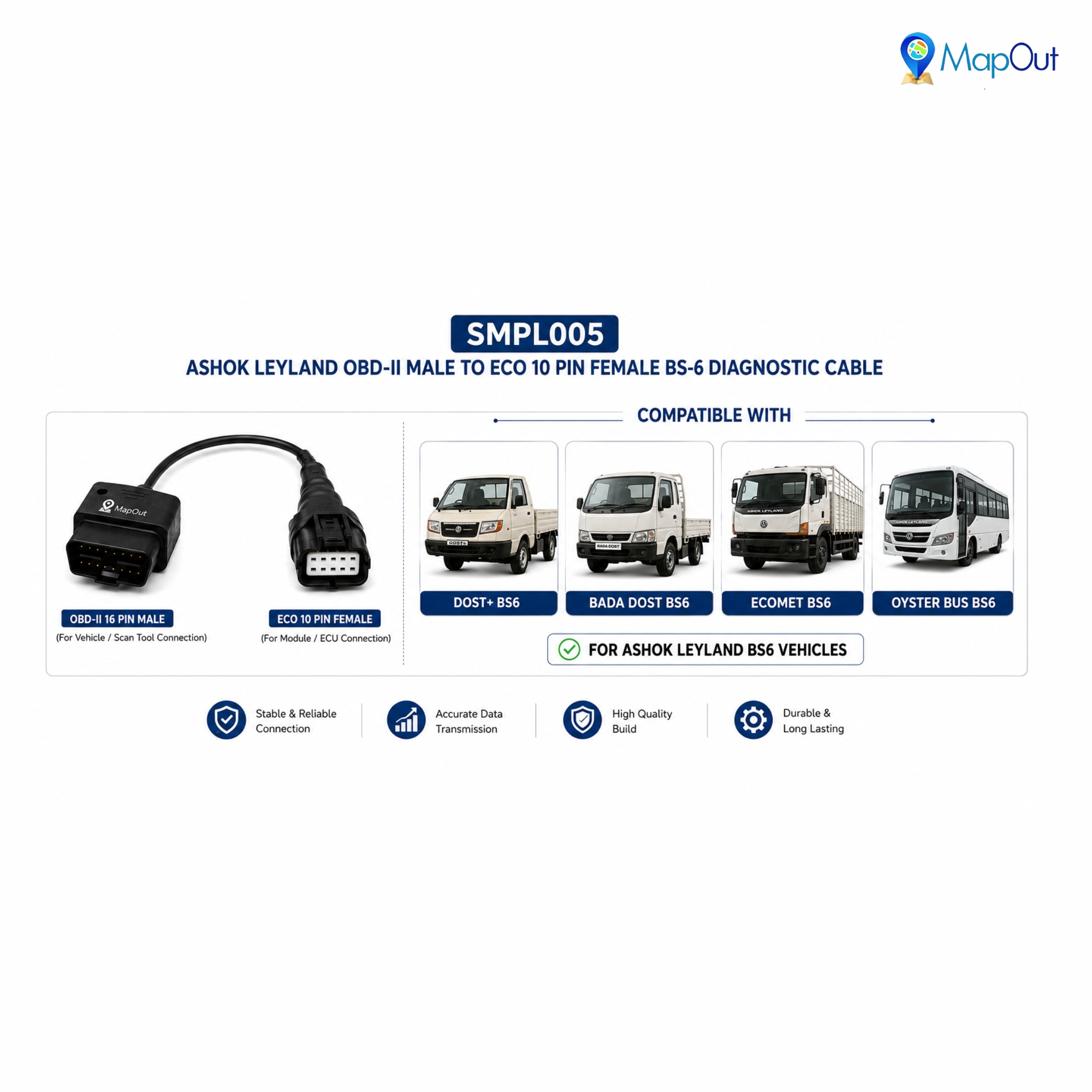 SMPL005 Ashok Leyland OBD-ll 16 Pin Male to ECO 10 Pin Female BS6 Diagnostic Cable for Connect all Device - Image 3
