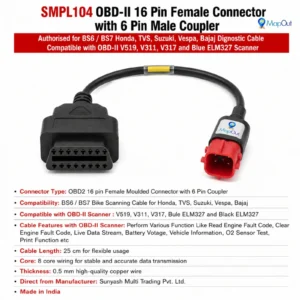 SMPL104 OBD-ll 16 Pin Female Connector with 6 Pin Male Coupler Authorised for BS6 / BS7 Honda, TVS, Suzuki, Vespa, Bajaj Dignostic Cable Compatible with OBD-ll V519, V311, V317 and Blue ELM327 Scanner