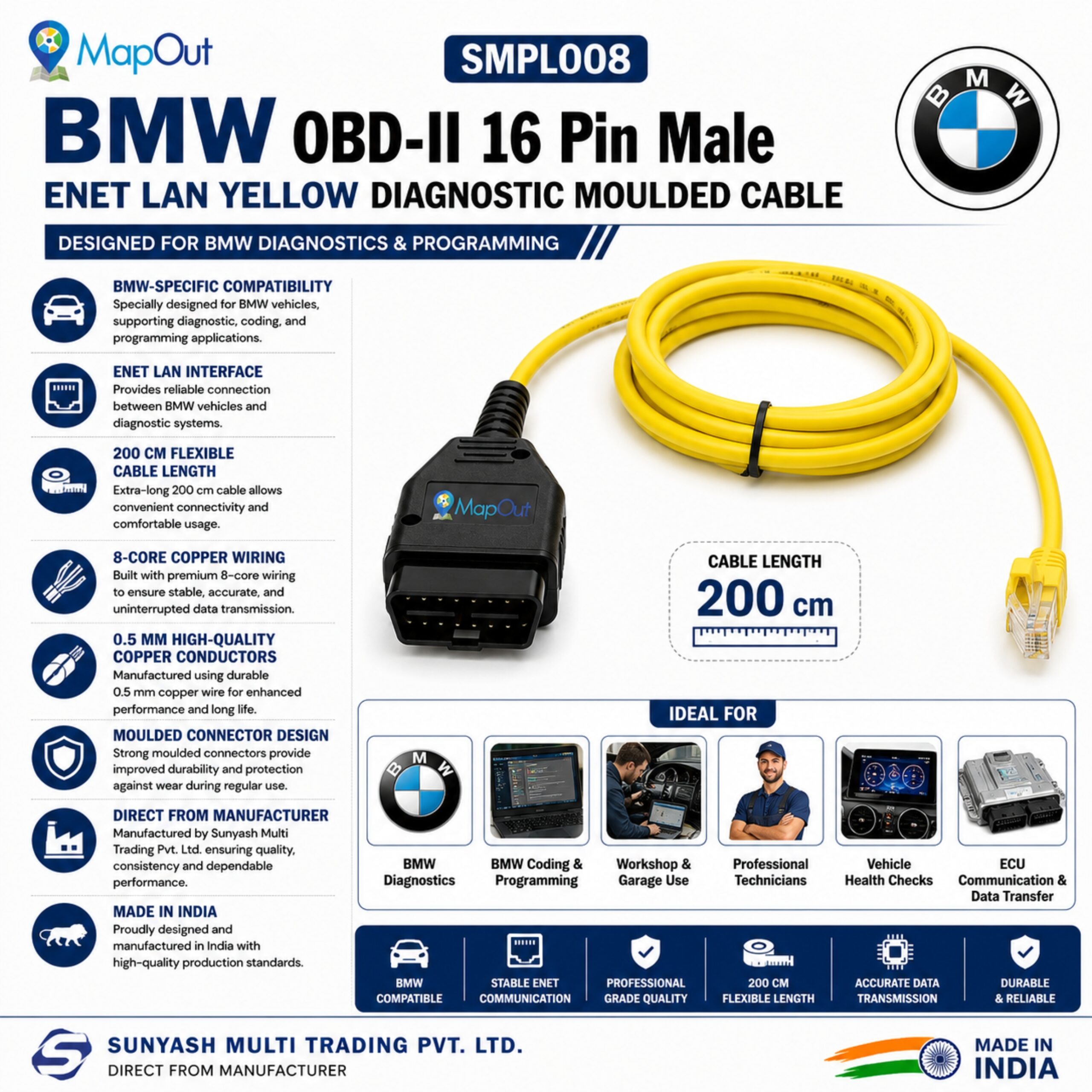SMPL008 BMW OBD-ll 16 Pin Male Enet LAN Yellow Diagnostic Moulded Cable - Image 9