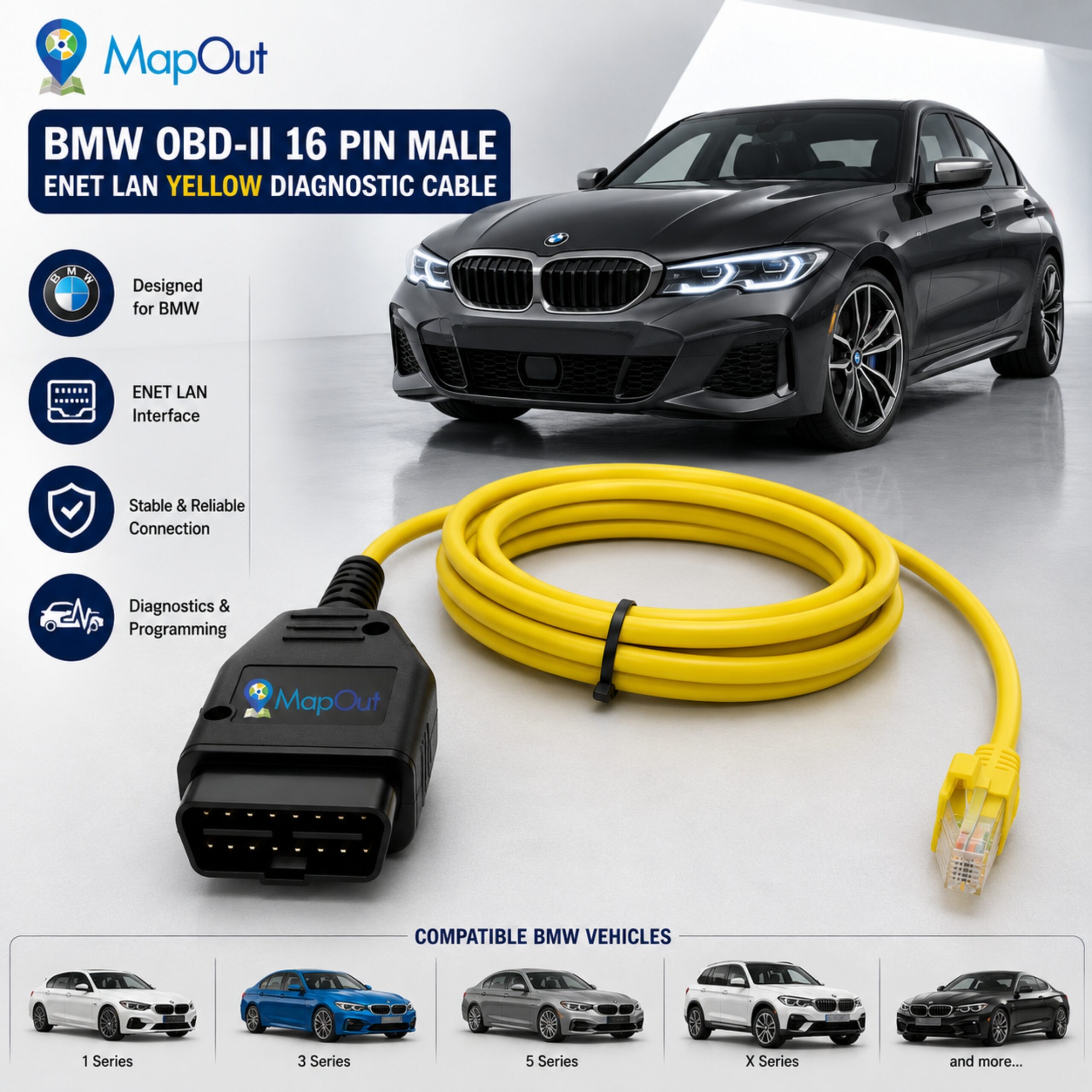 SMPL008 BMW OBD-ll 16 Pin Male Enet LAN Yellow Diagnostic Moulded Cable - Image 10