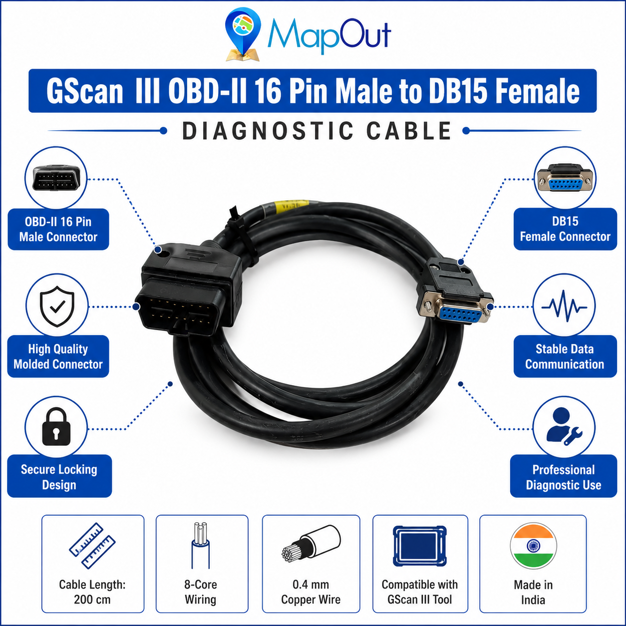 SMPL015 GScan-lll OBD-ll 16 Pin Male to DB-15 Female Diagnostic Cable - Image 3