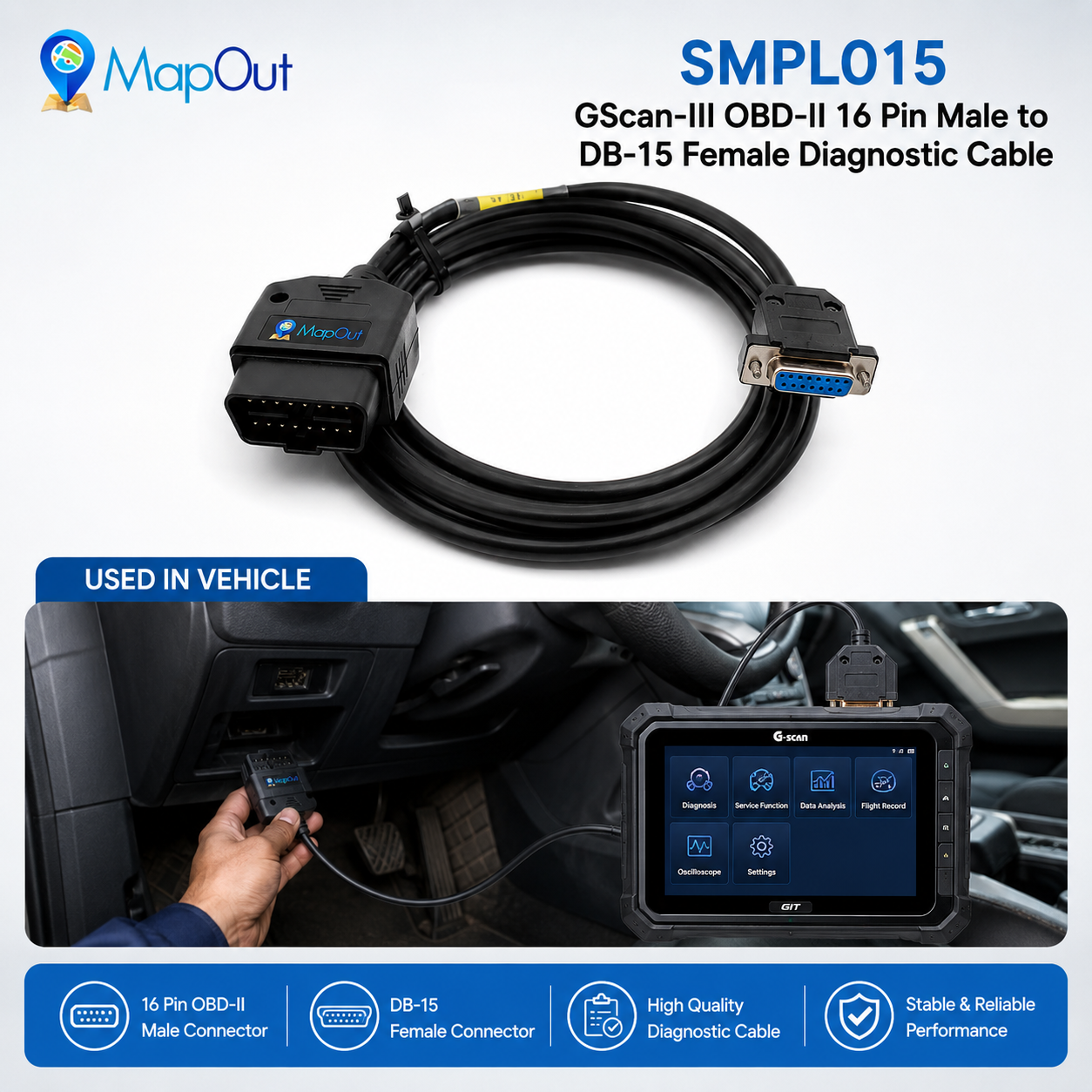 SMPL015 GScan-lll OBD-ll 16 Pin Male to DB-15 Female Diagnostic Cable - Image 5