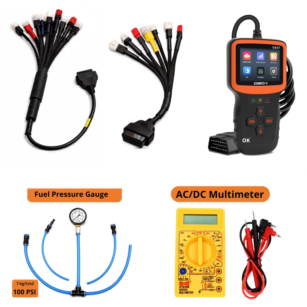 SMPL132 V317 OBD-ll Diagnostic Scanner with Multi Coupler 18 in 1 OBD-ll 16 Pin Female BS6/BS7 Bike Scanning Cable, Digital Multimeter, Fuel Pressure Guage