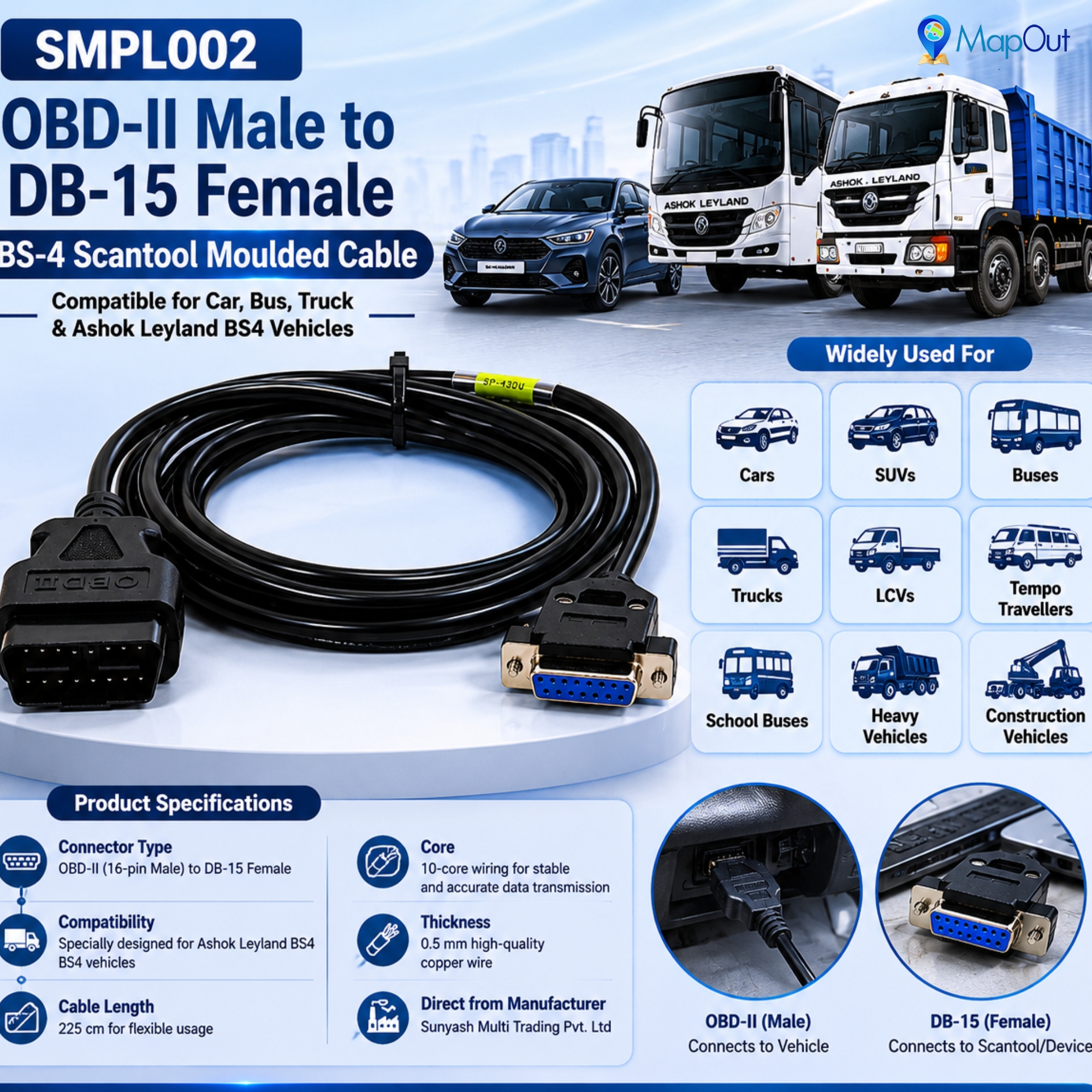 SMPL002 Ashok Leyland OBD-ll 16 Pin Male to DB-15 Female BS4 Scantool Diagnostic Moulded Cable for Trucks & Buses - Image 5