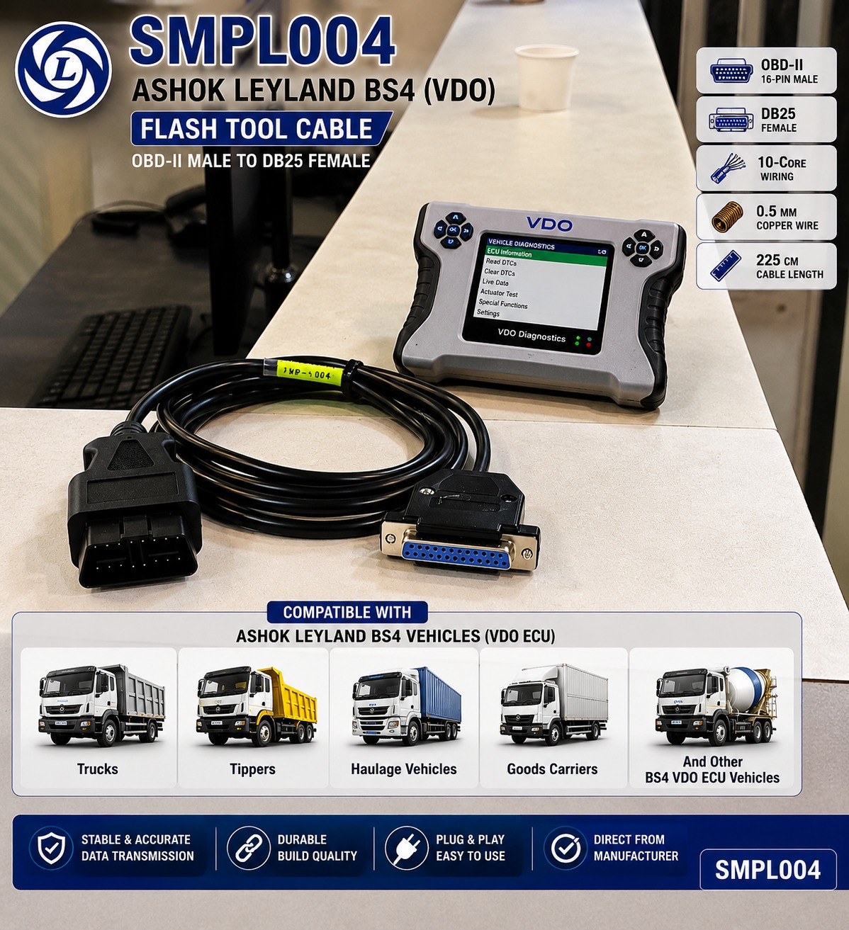 SMPL004 Ashok Leyland OBD-ll 16 Pin Male to DB-25 Female BS4 (VDO) Flashtool Diagnostic Moulded Cable for Trucks & Buses - Image 6