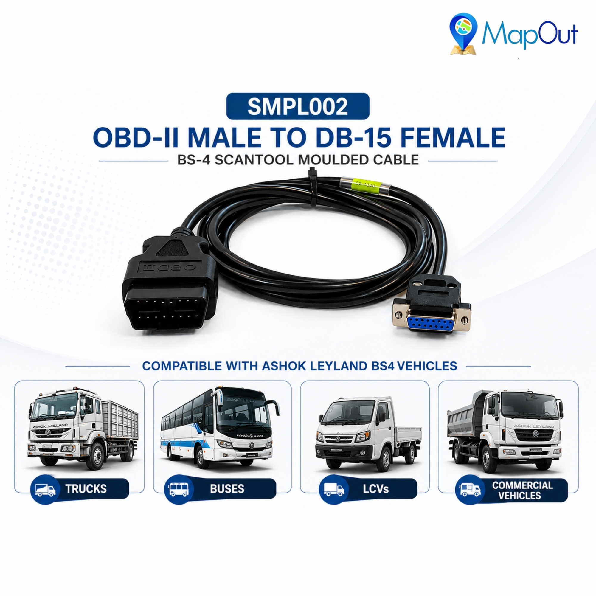 SMPL002 Ashok Leyland OBD-ll 16 Pin Male to DB-15 Female BS4 Scantool Diagnostic Moulded Cable for Trucks & Buses - Image 6