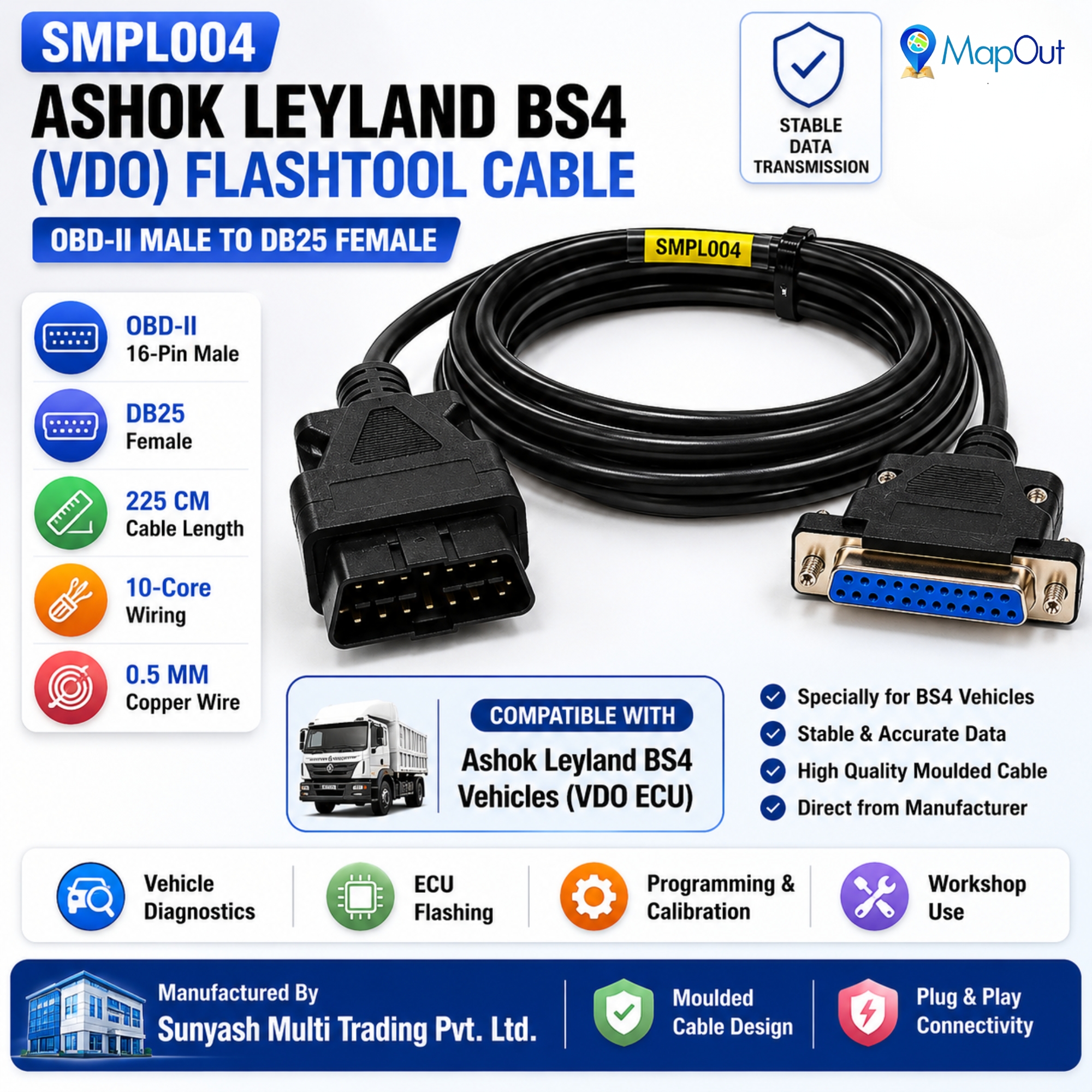 SMPL004 Ashok Leyland OBD-ll 16 Pin Male to DB-25 Female BS4 (VDO) Flashtool Diagnostic Moulded Cable for Trucks & Buses - Image 5