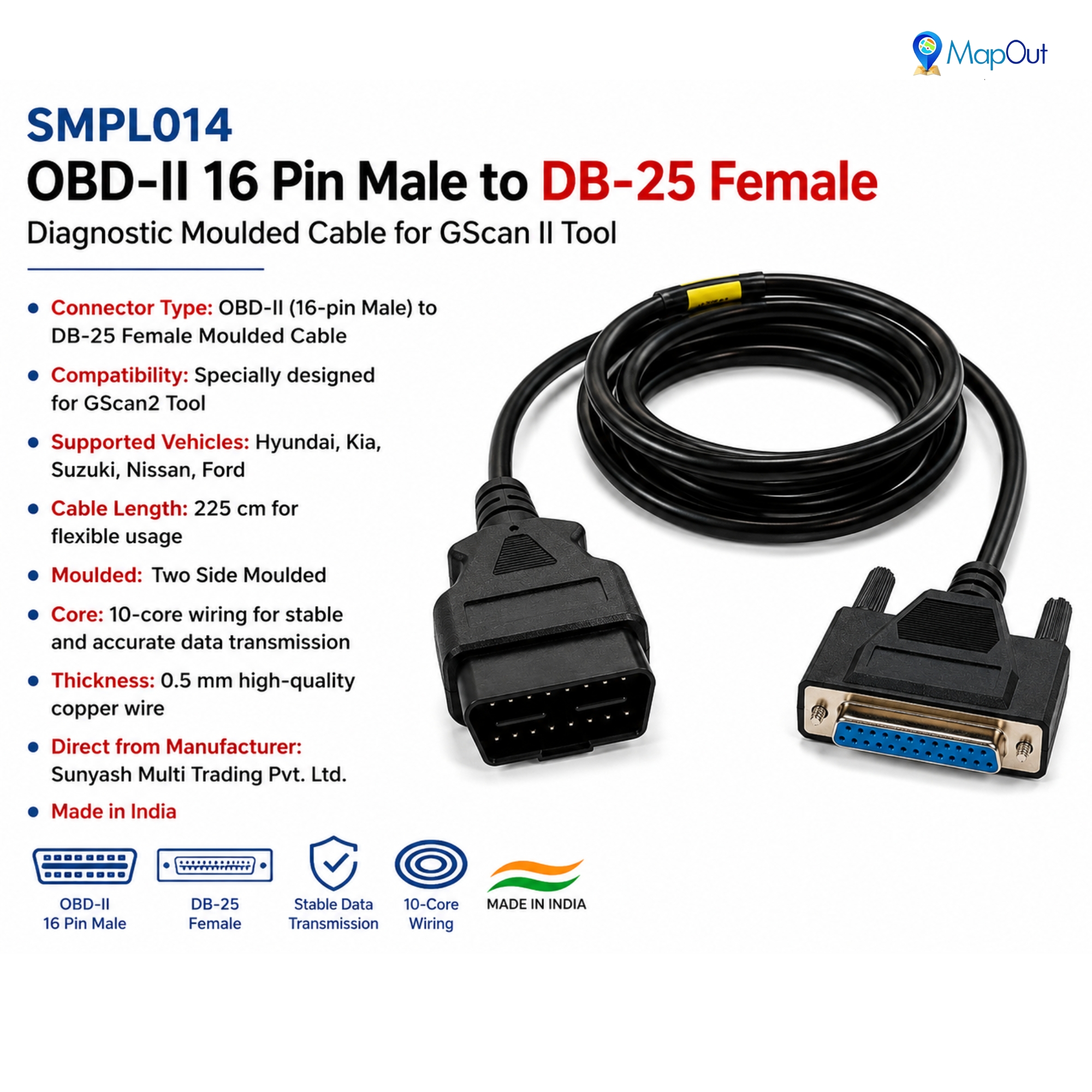 SMPL014 OBD-ll 16 Pin Male to DB-25 Female Diagnostic Moulded Cable for GScan ll Tool - Image 5
