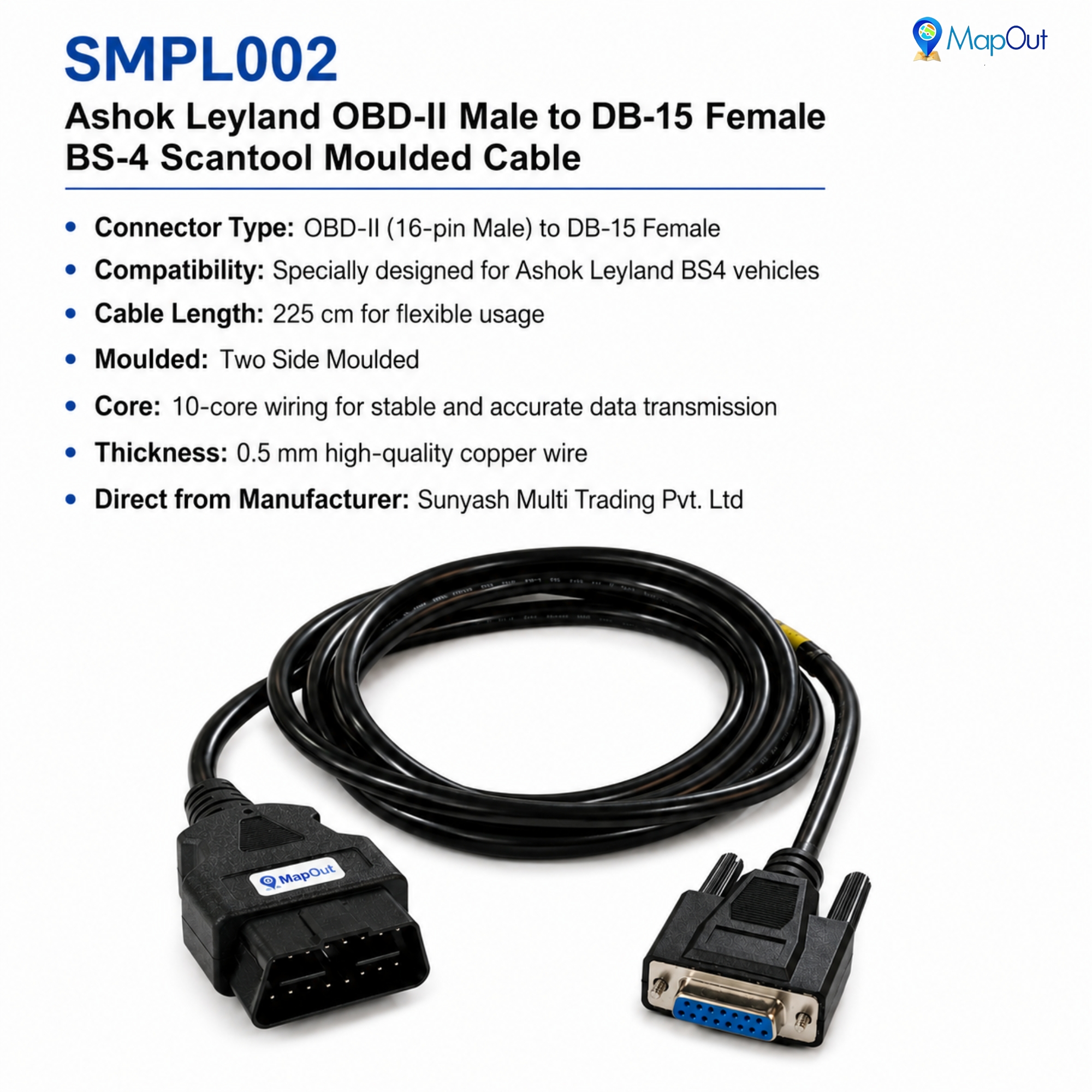 SMPL002 Ashok Leyland OBD-ll 16 Pin Male to DB-15 Female BS4 Scantool Diagnostic Both Side Moulded Cable for Trucks & Buses - Image 4