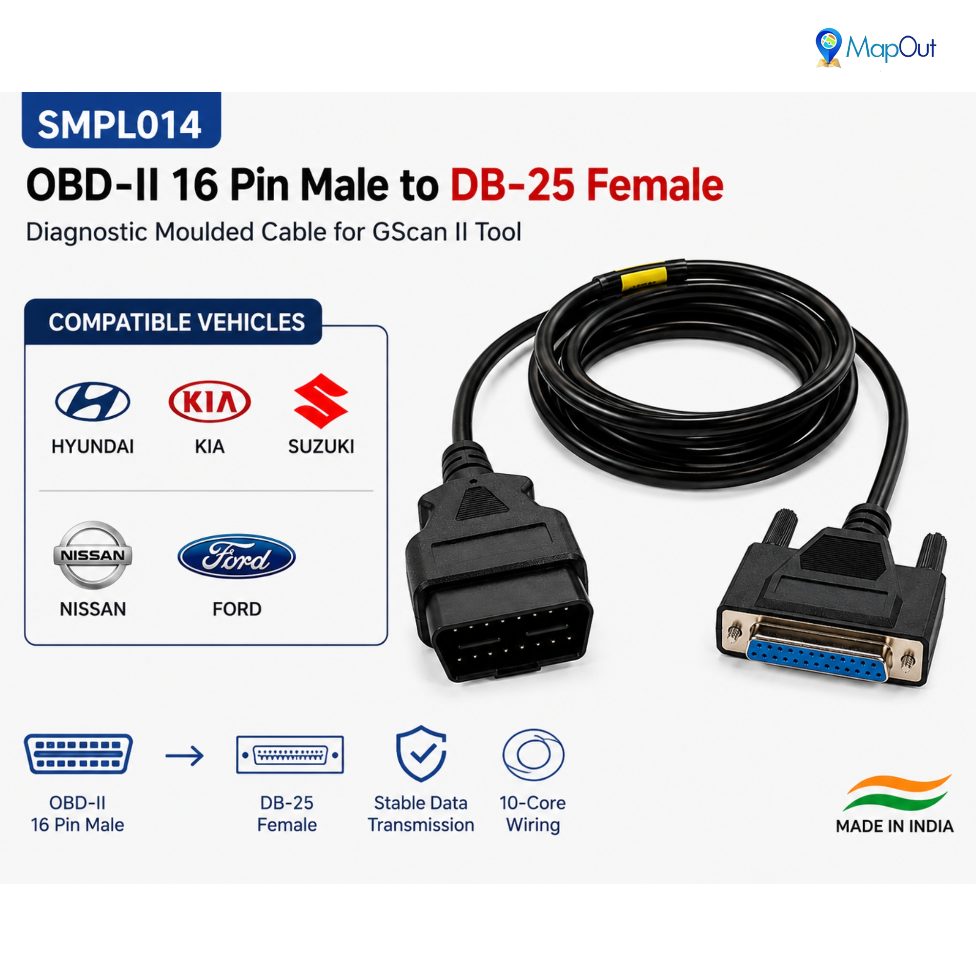 SMPL014 OBD-ll 16 Pin Male to DB-25 Female Diagnostic Moulded Cable for GScan ll Tool - Image 4