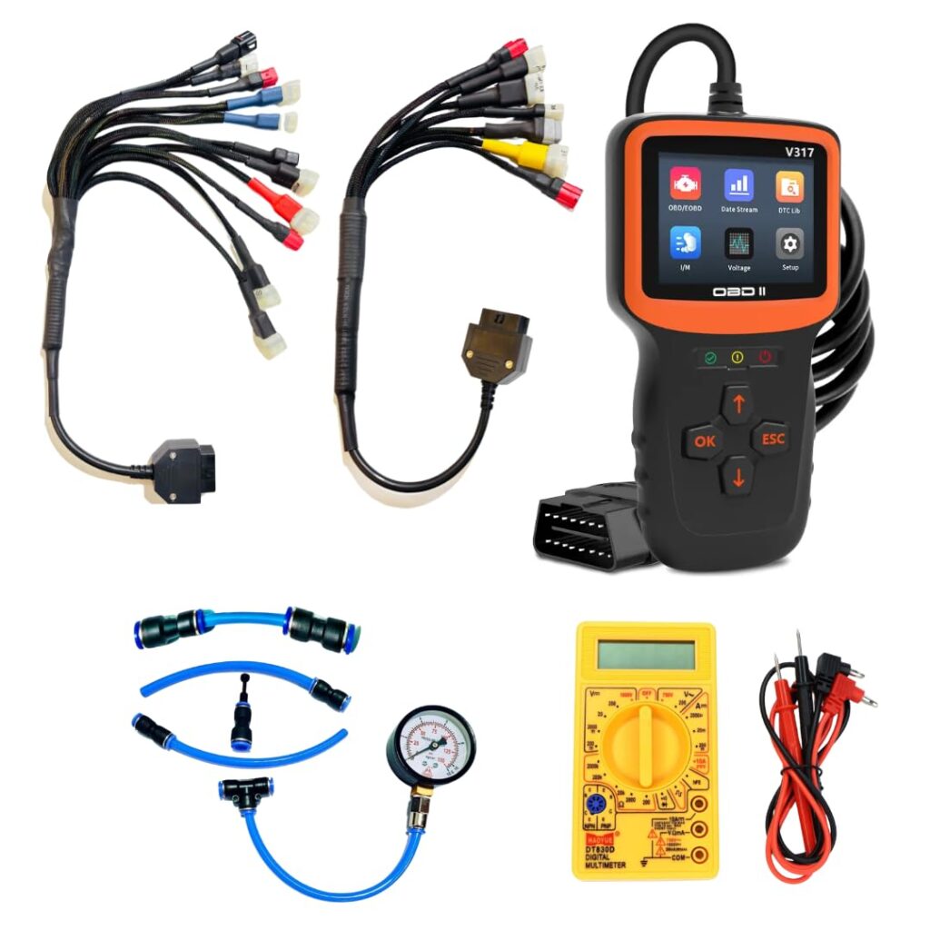 SMPL132 V317 OBD-ll Diagnostic Scanner with Multi Coupler 18 in 1 OBD-ll 16 Pin Female BS6/BS7 Bike Scanning Cable, Digital Multimeter, Fuel Pressure Guage