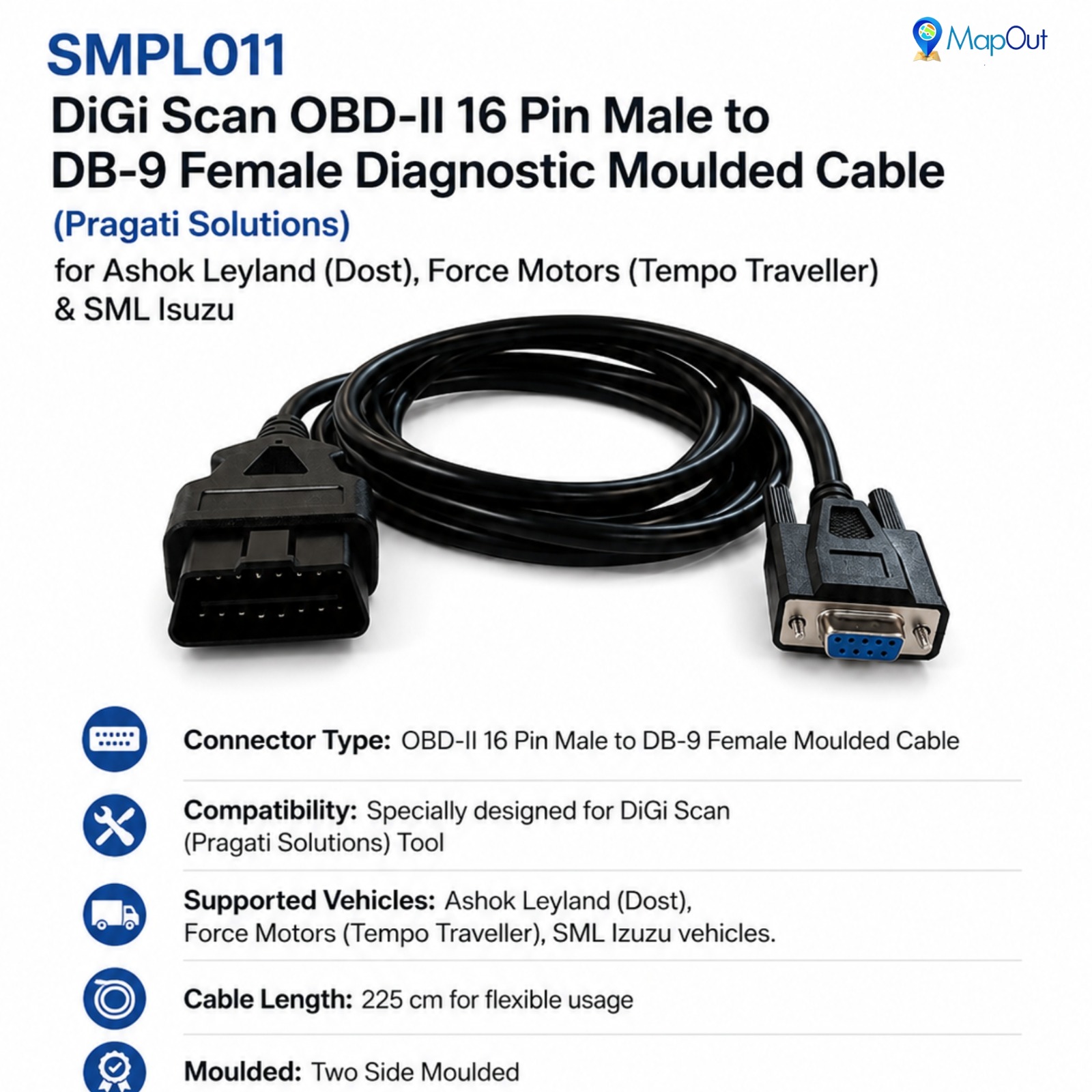 Ashok Leyland obd2 dg scan moulded cable for pragati solution
