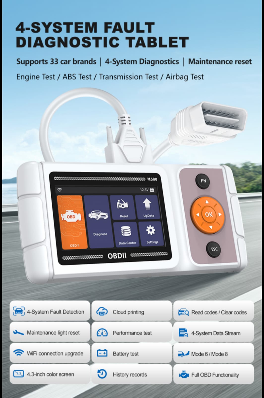 SMPL061 M500 OBD-ll 16 Pin Male 4-System Fault Diagnostic Tablet Compatible with Four Wheeler Cars