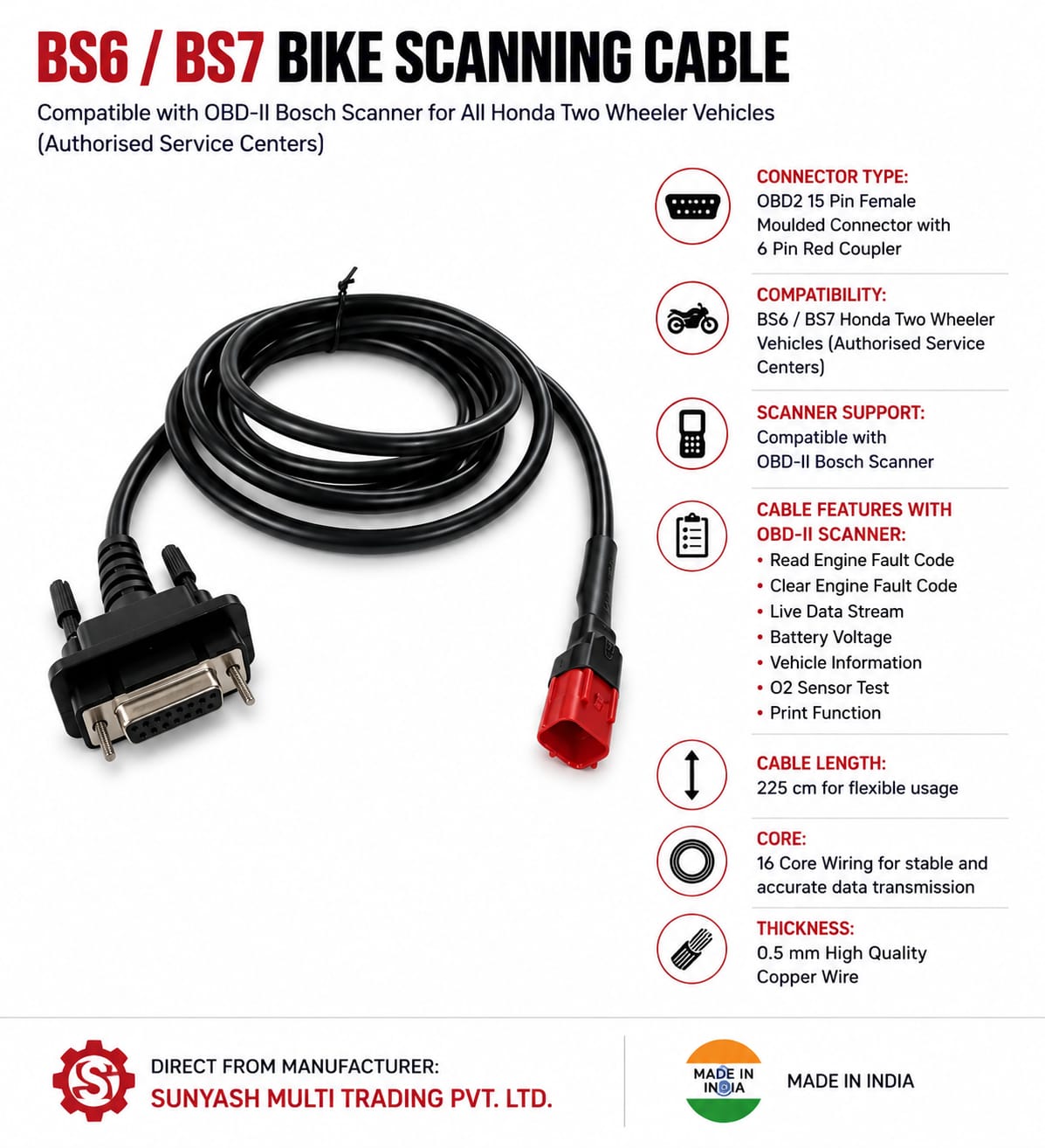 SMPL117 Honda OBD-ll 15 Pin Female to 6 Pin Male Coupler Scanning Cable for all Honda BS6 / BS7 Bikes and Scotties Compatible with Authorised Bosch Tool - Image 2