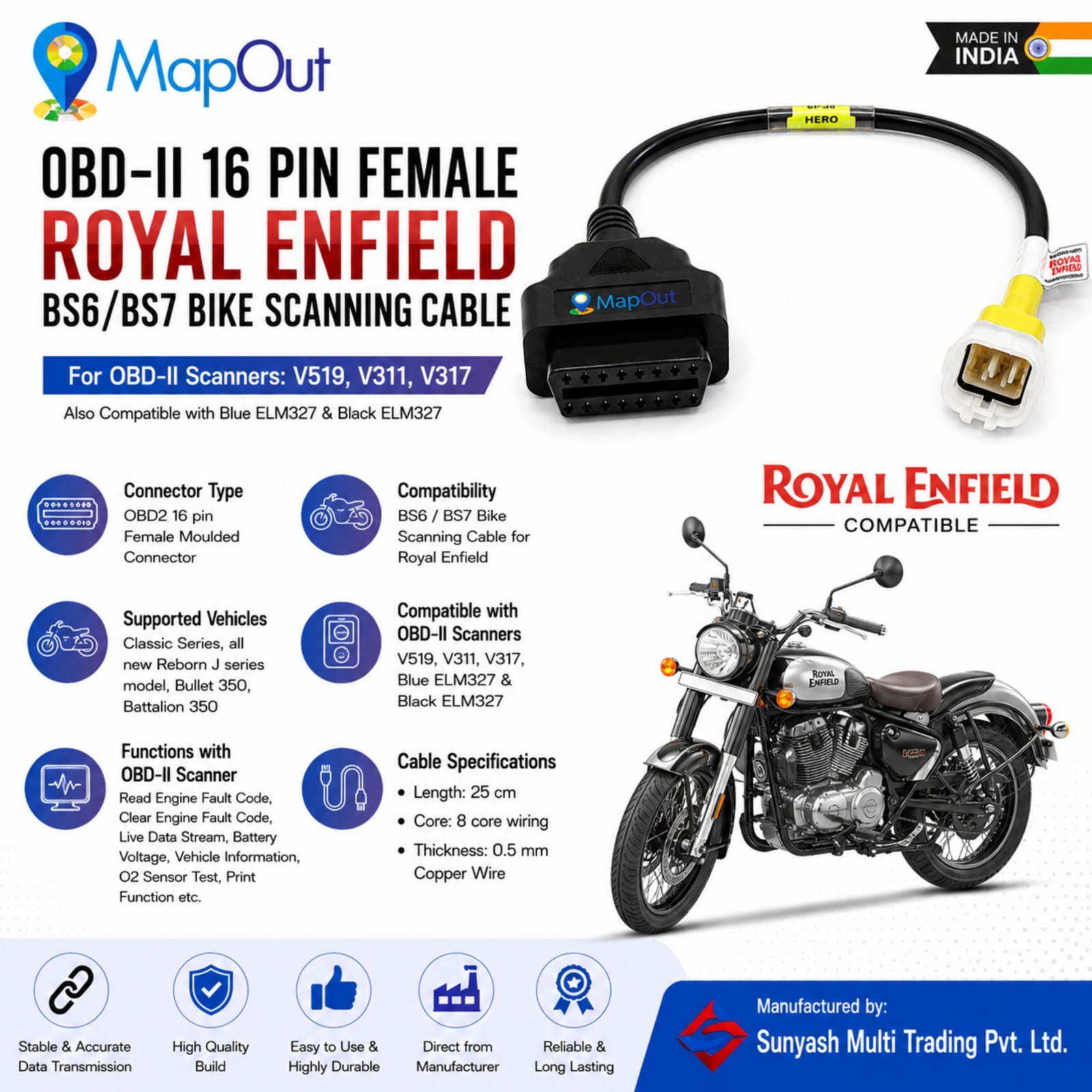 royal enfield obd2 bs6 bs7 bike scanning cable